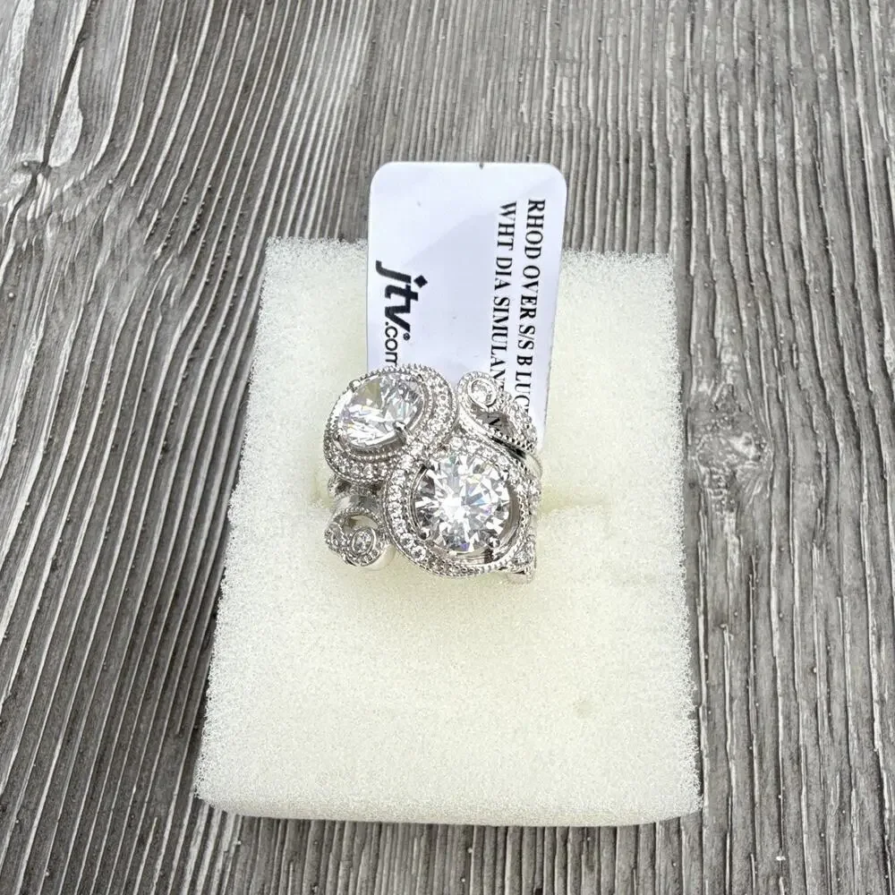 JTV Rhodium Over 925 Sterling Silver Halo Sim. Diamond Cocktail Ring 5 (147)